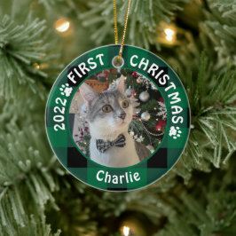 Cat FIRST CHRISTMAS Green Buffalo Kariert 2 Foto Keramik Ornament