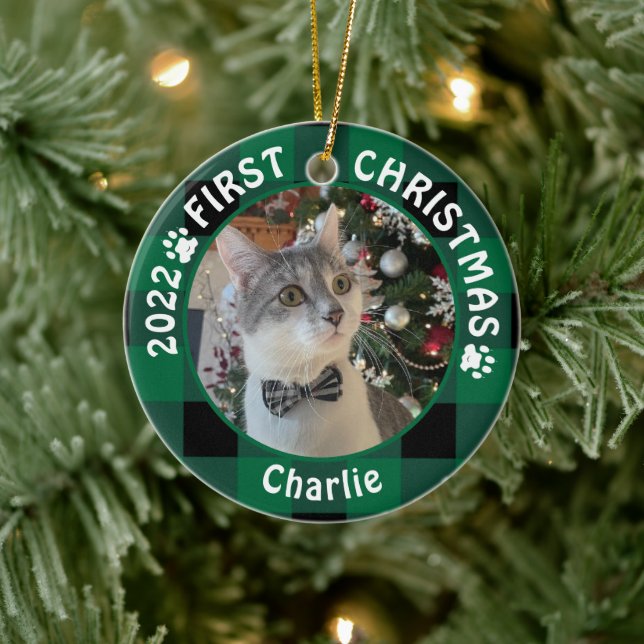 Cat FIRST CHRISTMAS Green Buffalo Kariert 2 Foto Keramik Ornament (Baum)