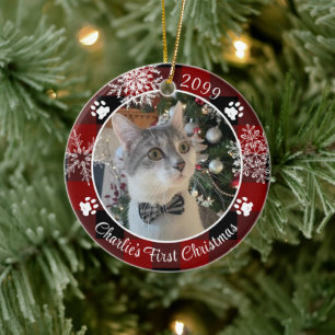 Cat First Christmas Red Black Kariertes Foto Keramik Ornament