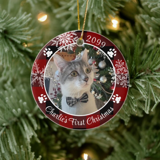 Cat First Christmas Red Black Kariertes Foto Keramik Ornament (Baum)