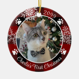 Cat First Christmas Red Black Kariertes Foto Keramik Ornament