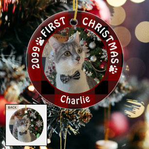 Cat FIRST CHRISTMAS Red Buffalo Kariert 2 Foto Keramik Ornament