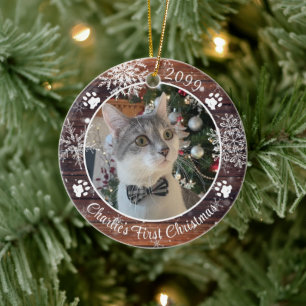 Cat First Christmas Rustic Wood Snowflake Foto Keramik Ornament