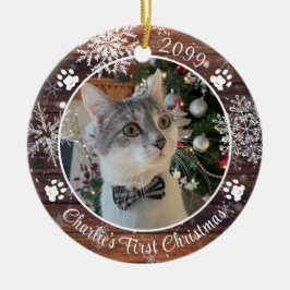 Cat First Christmas Rustic Wood Snowflake Foto Keramik Ornament