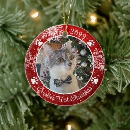 Cat First Christmas Snowflake Foto Red White Keramik Ornament