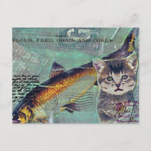 Cat Fish Mixed Media Collage Postkarte