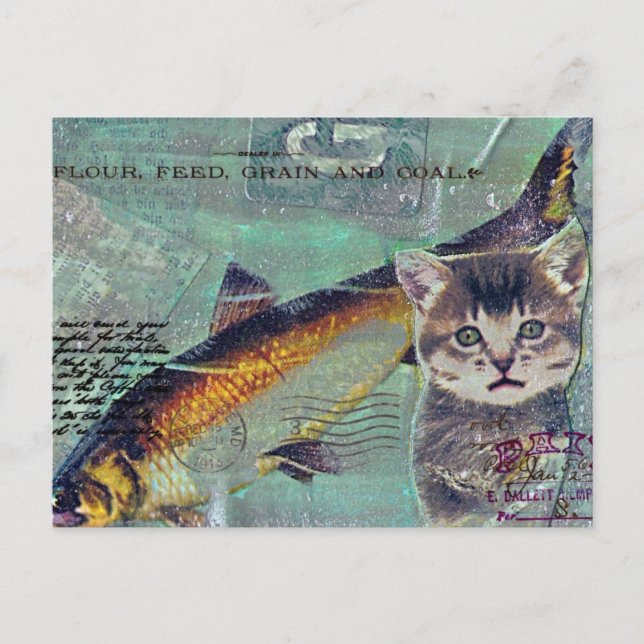 Cat Fish Mixed Media Collage Postkarte (Vorderseite)