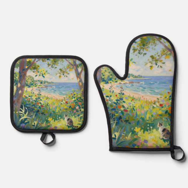 Cat Flowers And Sea Ofenhandschuh & Topflappen-Set (Vorderseite)