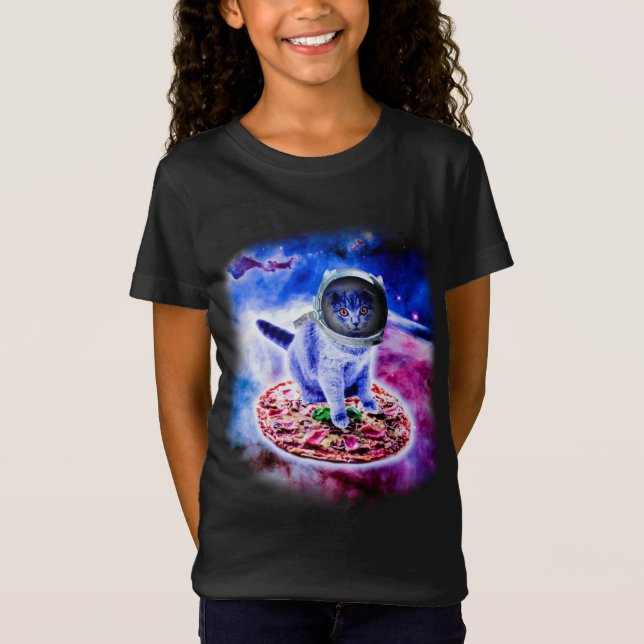 Cat Flying A Pizza Astronaut Funny Kitten Space T-Shirt (Vorderseite)
