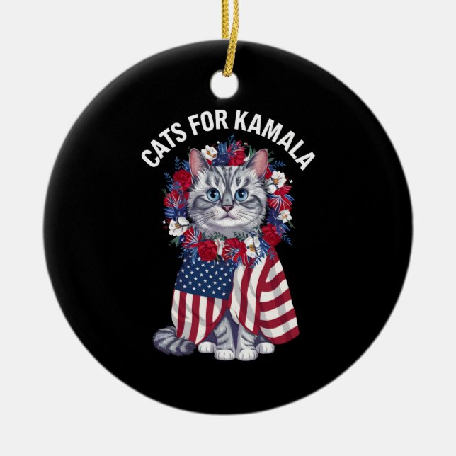 Cat For Kamala Cat Blume American USA Flag 2024 Keramik Ornament (Vorne)