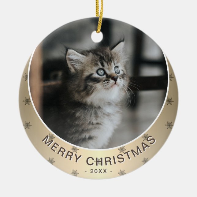 Cat Foto Golden Snowflake Metallische Weihnachten Keramik Ornament (Vorne)