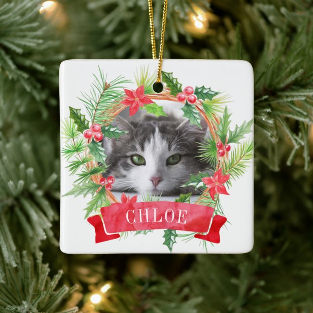 Cat Foto Holly Wreath Keramikornament (Baum)
