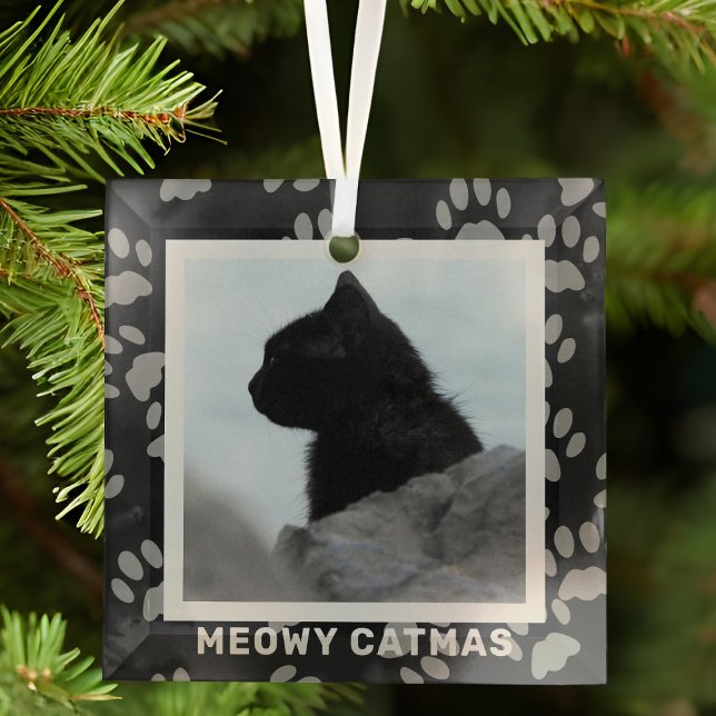 Cat Foto Meowy Catmas Haustier Glas Ornament Ornament Aus Glas (Add your black cat photo and hang it where your cat can't reach as they will play with it)