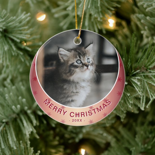 Cat Foto Red Snowflake Metallische Weihnachten Keramik Ornament (Baum)