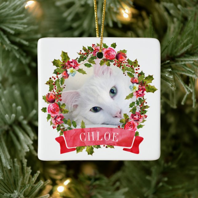 Cat Foto Watercolor Wreath Keramikornament (Baum)