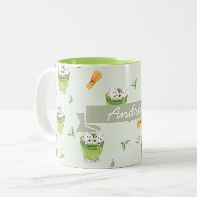 Cat Froth Matcha Green Tees Muster Zweifarbige Tasse (Vorderseite Links)