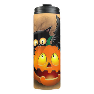 Cat Fun Halloween Character biting a Pumpkin  Thermosbecher