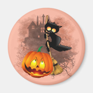 Cat Fun Halloween Character scared by a Pumpkin Magnet
