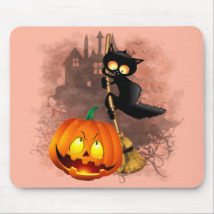 Cat Fun Halloween Character scared by a Pumpkin  Mousepad