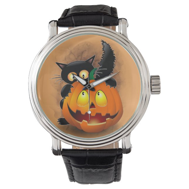 Cat Fun Halloween Charakter beißt einen Kürbis Armbanduhr (Vorderseite)