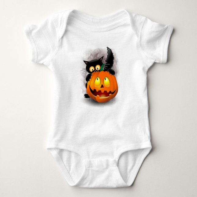Cat Fun Halloween Charakter beißt einen Kürbis Baby Strampler (Vorderseite)