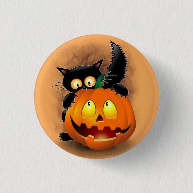 Cat Fun Halloween Charakter beißt einen Kürbis Button (Vorderseite)