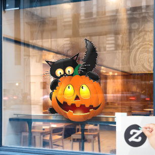 Cat Fun Halloween Charakter beißt einen Kürbis Fensteraufkleber