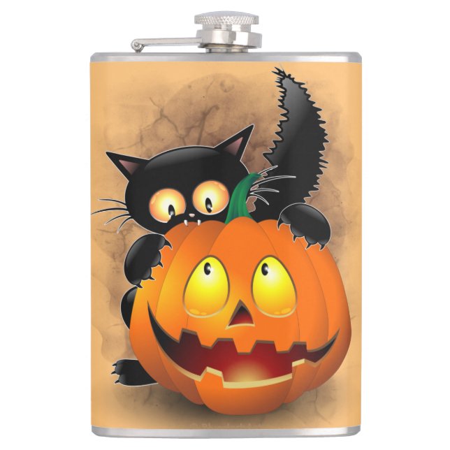 Cat Fun Halloween Charakter beißt einen Kürbis Flachmann (Vorderseite)