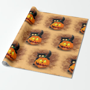 Cat Fun Halloween Charakter beißt einen Kürbis Geschenkpapier