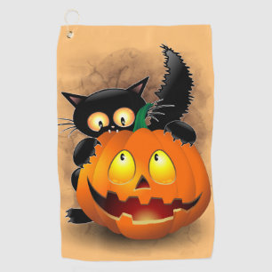 Cat Fun Halloween Charakter beißt einen Kürbis Golfhandtuch