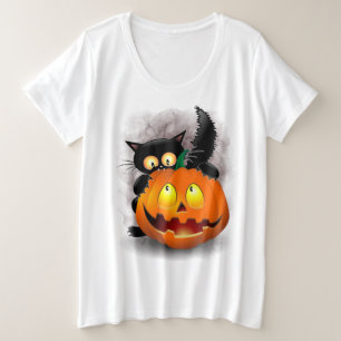 Cat Fun Halloween Charakter beißt einen Kürbis Große Größe T-Shirt