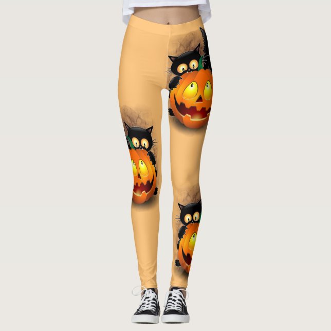 Cat Fun Halloween Charakter beißt einen Kürbis Leggings (Vorderseite)