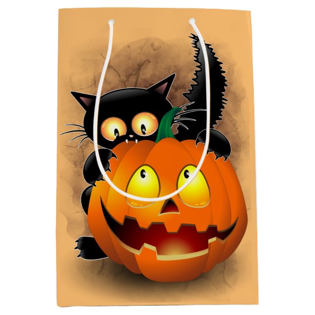 Cat Fun Halloween Charakter beißt einen Kürbis Mittlere Geschenktüte (Vorderseite)