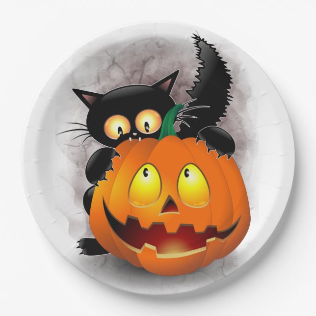 Cat Fun Halloween Charakter beißt einen Kürbis Pappteller (Vorderseite)