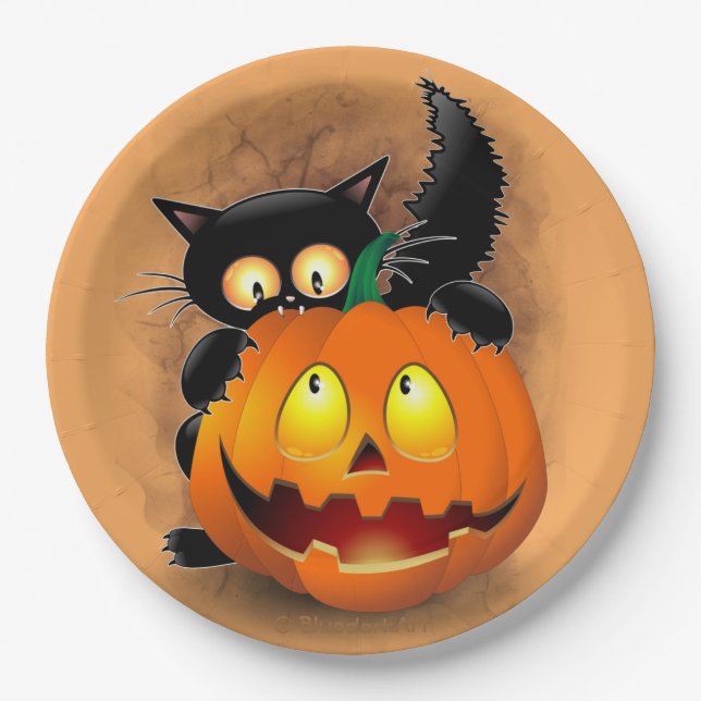 Cat Fun Halloween Charakter beißt einen Kürbis Pappteller (Vorderseite)