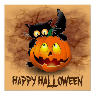 Cat Fun Halloween Charakter beißt einen Kürbis Poster