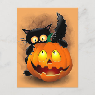 Cat Fun Halloween Charakter beißt einen Kürbis Postkarte