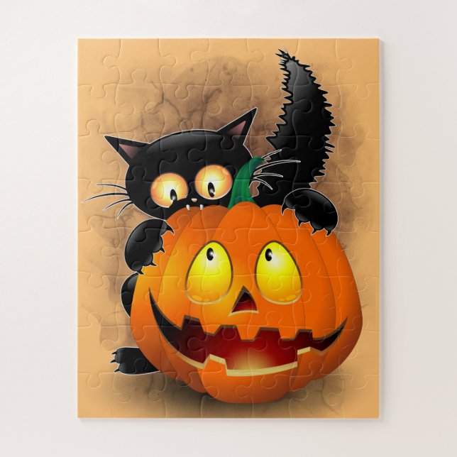 Cat Fun Halloween Charakter beißt einen Kürbis Puzzle (Vertikal)