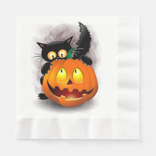 Cat Fun Halloween Charakter beißt einen Kürbis Serviette (Vorderseite)