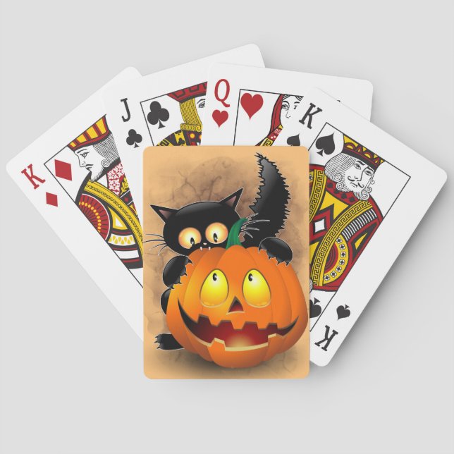 Cat Fun Halloween Charakter beißt einen Kürbis Spielkarten (Rückseite)