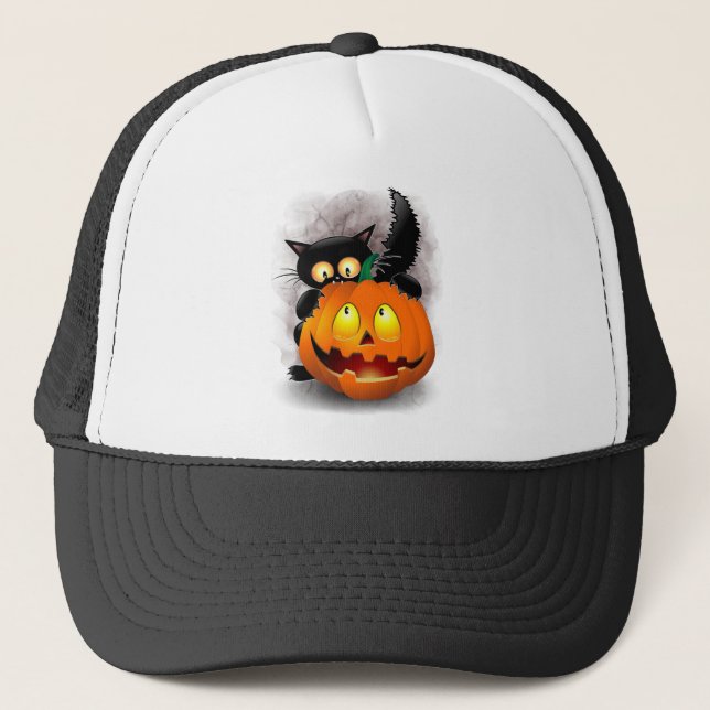 Cat Fun Halloween Charakter beißt einen Kürbis Truckerkappe (Vorderseite)