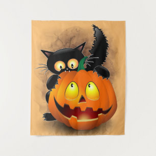 Cat Fun Halloween Charakter beißt einen Kürbis Wandteppich