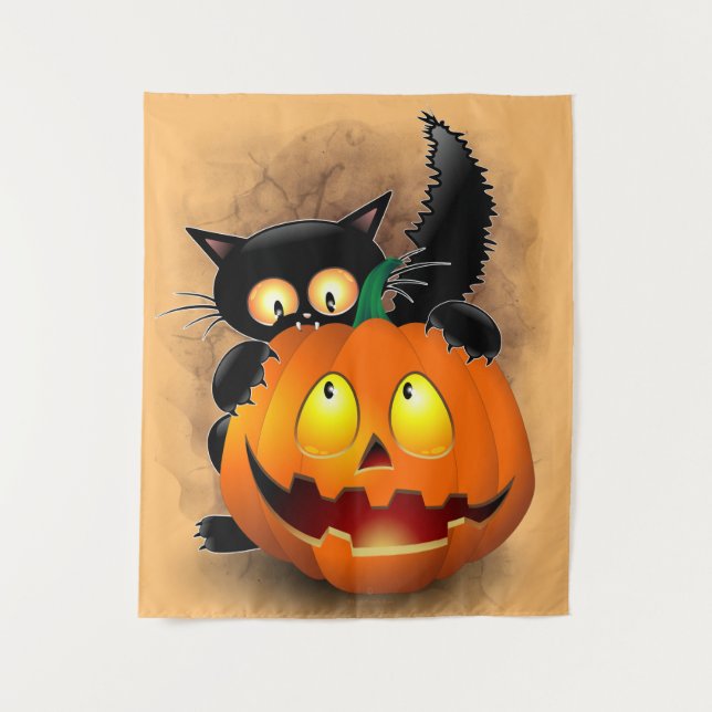 Cat Fun Halloween Charakter beißt einen Kürbis Wandteppich (Vorderseite)
