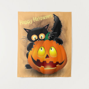 Cat Fun Halloween Charakter beißt einen Kürbis Wandteppich