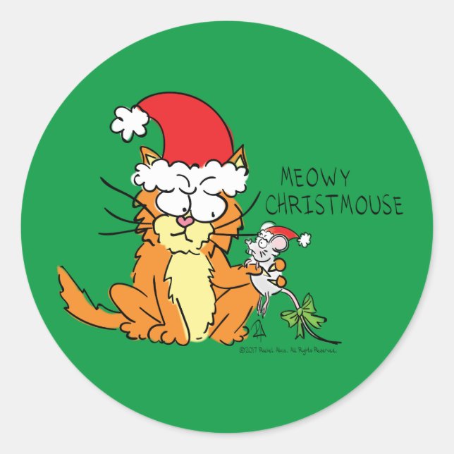 Cat Funny Christmas Cartoon Niedlich Mouse Runder Aufkleber (Vorderseite)