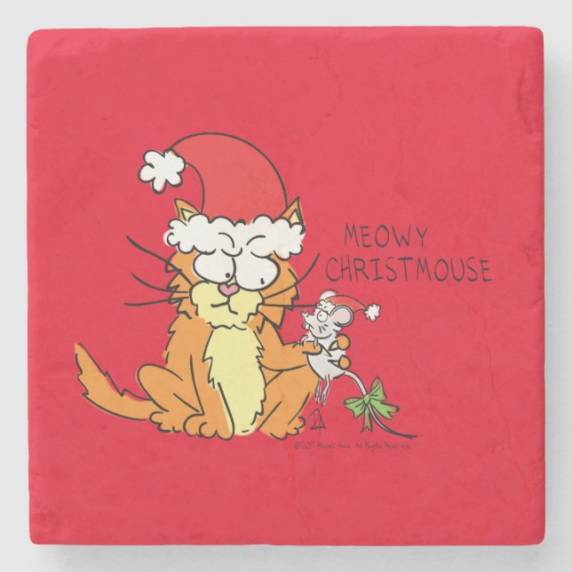 Cat Funny Christmas Cartoon Niedlich Mouse Steinuntersetzer (Vorderseite)