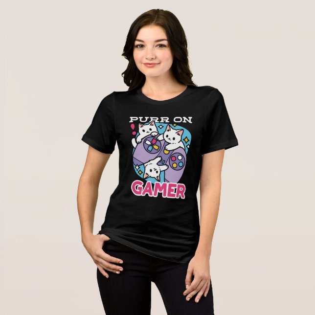 Cat Gamer Design - Purer On Gamer Joystick Art Tri-Blend Shirt (Vorderseite voll)