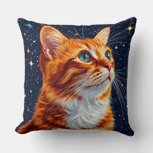 Cat Gazing bei einem Sternenkosmischen Nachthimmel Kissen