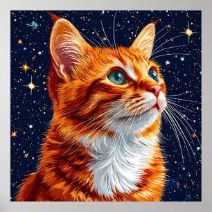 Cat Gazing bei einem Sternenkosmischen Nachthimmel Poster