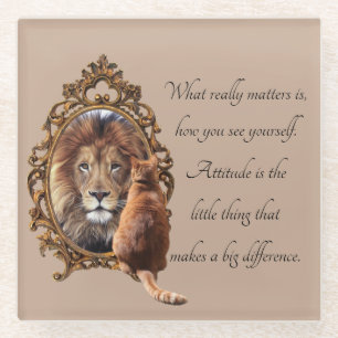 Cat Gazing Mirror Lion Inspiration Text Vintag Glasuntersetzer